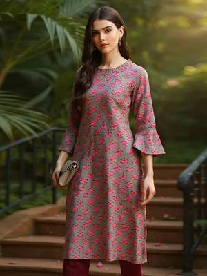 women grey cotton ethnic motifs printed straight kurta 1