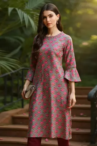 women grey cotton ethnic motifs printed straight kurta