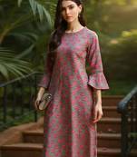 women grey cotton ethnic motifs printed straight kurta