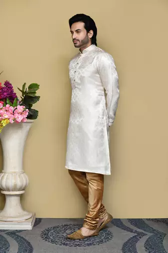 Cream woven art silk kurta pajama