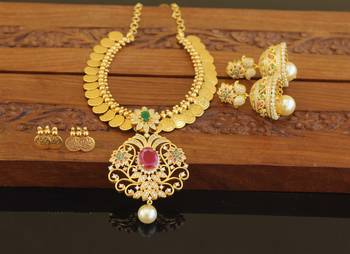 Designer gold plated cz lakshmi coin necklace set 1