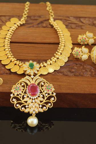 Designer gold plated cz lakshmi coin necklace set