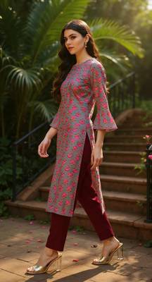 women grey cotton ethnic motifs printed straight kurta 2