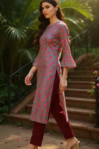 women grey cotton ethnic motifs printed straight kurta