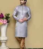 Grey woven art silk kurta pajama