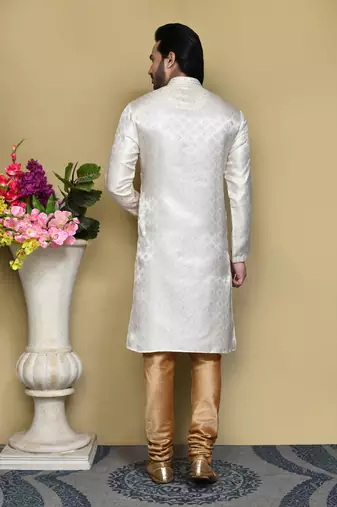 Cream woven art silk kurta pajama