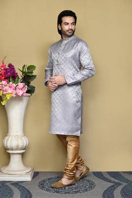 Grey woven art silk kurta pajama 2