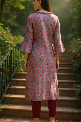 women grey cotton ethnic motifs printed straight kurta