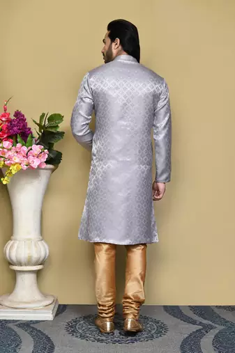 Grey woven art silk kurta pajama