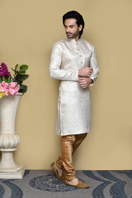 Cream woven art silk kurta pajama 4