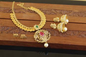 Designer gold plated cz lakshmi coin necklace set 2