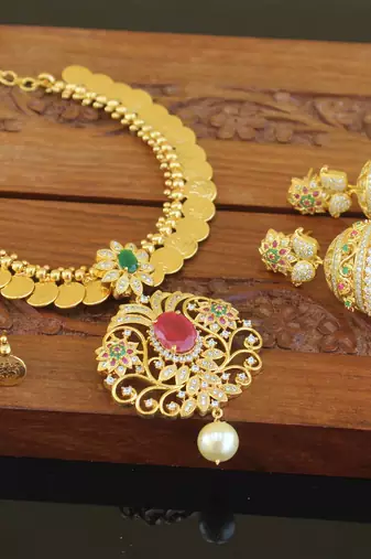 Designer gold plated cz lakshmi coin necklace set
