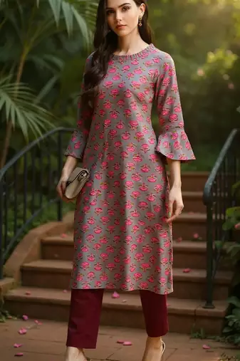 women grey cotton ethnic motifs printed straight kurta