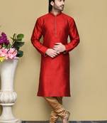Red woven art silk kurta pajama