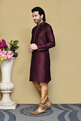 Purple woven art silk kurta pajama 2
