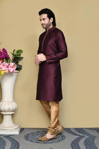 Purple woven art silk kurta pajama
