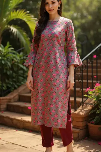 women grey cotton ethnic motifs printed straight kurta