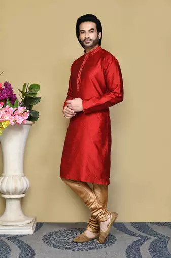 Red woven art silk kurta pajama