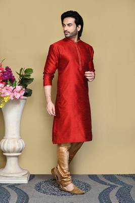Red woven art silk kurta pajama 4