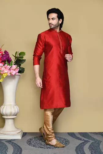 Red woven art silk kurta pajama