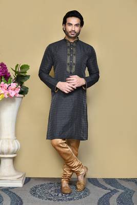 Black woven art silk kurta pajama 1