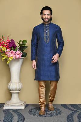 Navy blue woven art silk kurta pajama 1
