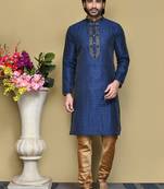 Navy blue woven art silk kurta pajama