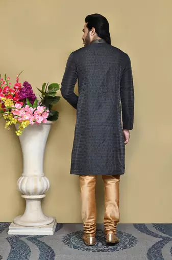 Black woven art silk kurta pajama