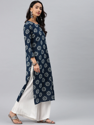 Navy Blue Cotton Printed Kurta 3