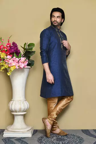 Navy blue woven art silk kurta pajama