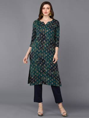 women blue silk blend ethnic motifs printed straight kurta 1