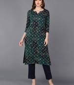 women blue silk blend ethnic motifs printed straight kurta
