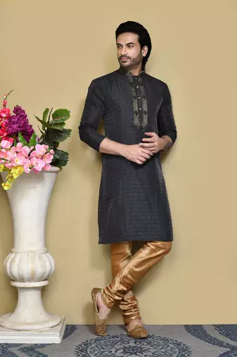 Black woven art silk kurta pajama