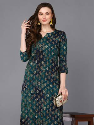 women blue silk blend ethnic motifs printed straight kurta 2