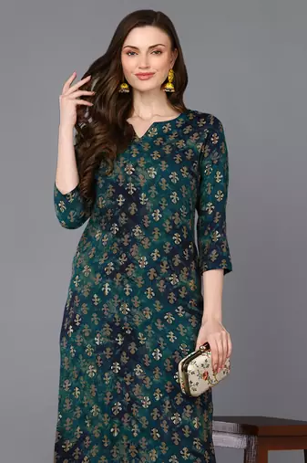 women blue silk blend ethnic motifs printed straight kurta