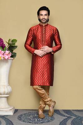 Red woven art silk kurta pajama 1
