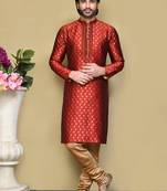 Red woven art silk kurta pajama