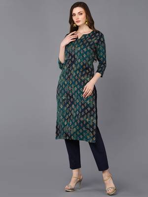 women blue silk blend ethnic motifs printed straight kurta 3