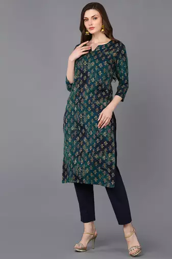 women blue silk blend ethnic motifs printed straight kurta