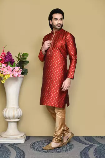 Red woven art silk kurta pajama