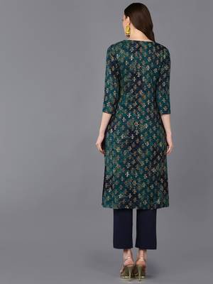 women blue silk blend ethnic motifs printed straight kurta 4