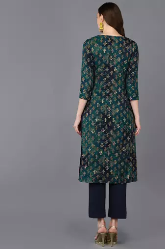 women blue silk blend ethnic motifs printed straight kurta