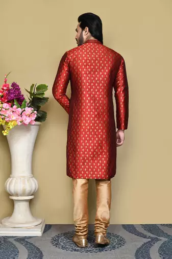 Red woven art silk kurta pajama