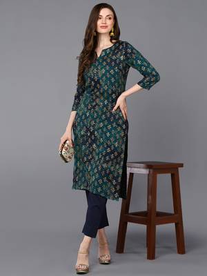 women blue silk blend ethnic motifs printed straight kurta 5