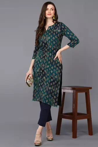 women blue silk blend ethnic motifs printed straight kurta