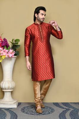 Red woven art silk kurta pajama 4