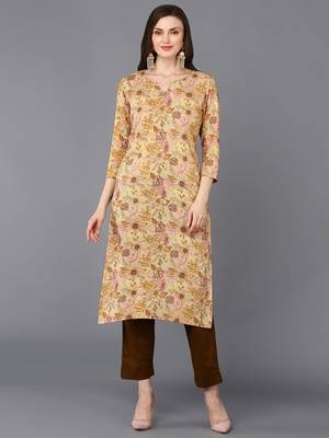 women beige viscose rayon floral printed straight kurta 1