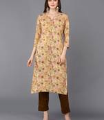 women beige viscose rayon floral printed straight kurta
