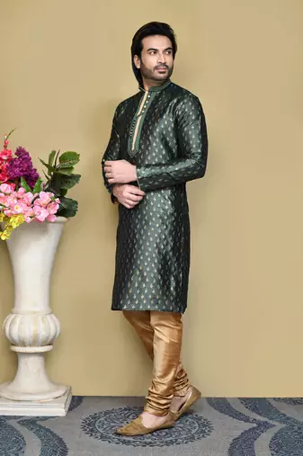 Green woven art silk kurta pajama