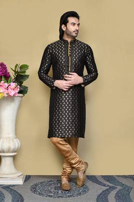 Black woven art silk kurta pajama 1